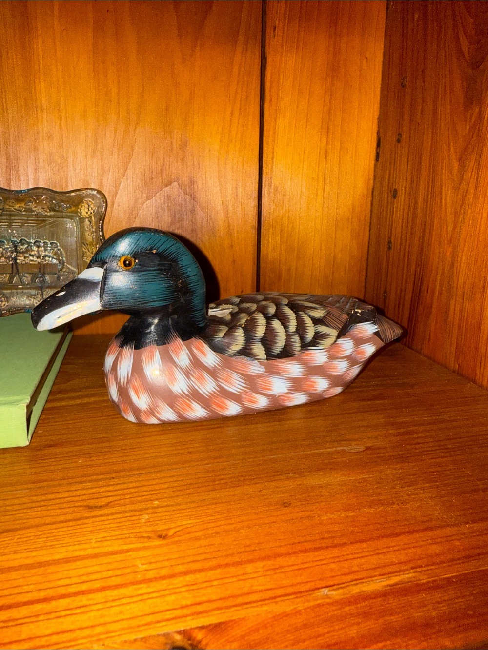 Vintage Hand-Painted Decorative Duck Figurine in Teal and Coral